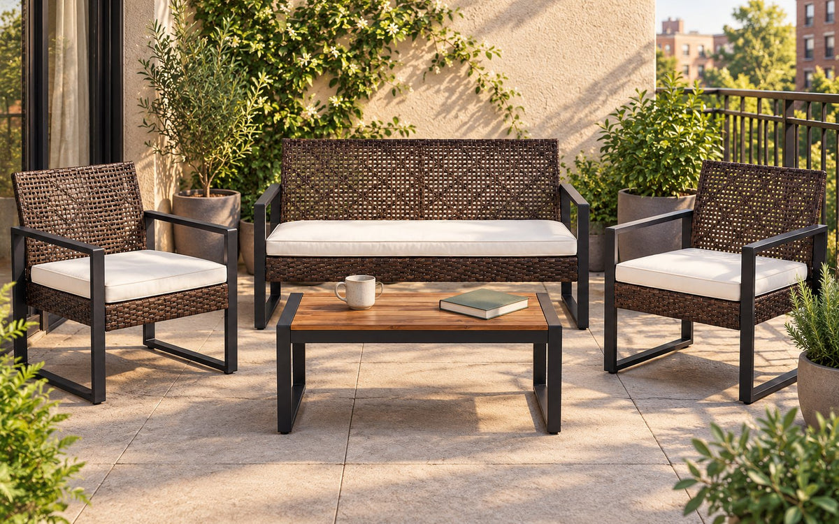 A compact wicker conversation set fits a small urban patio.