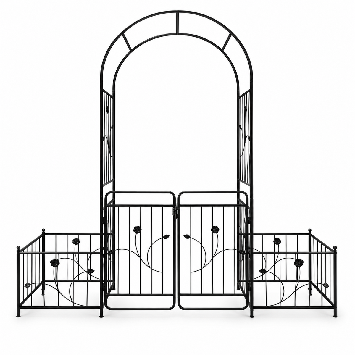 86.6-in. Iron Garden Arch with Gate and Planter Stands, front view on white