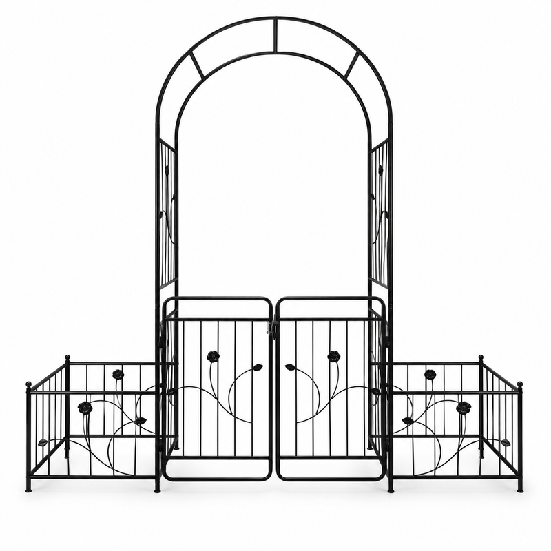 86.6-in. Iron Garden Arch with Gate and Planter Stands, front view on white