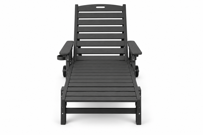 HDPE Chaise Lounge with Wheels and Cup Holder, Black, front view on white