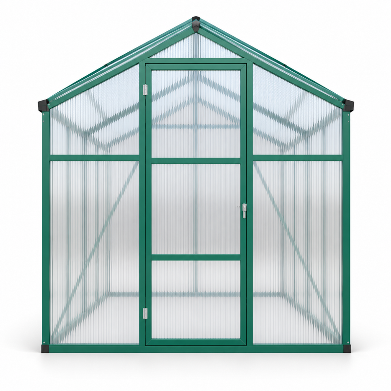 6 × 8-ft. Polycarbonate Greenhouse, Green Aluminum Frame, front view on white