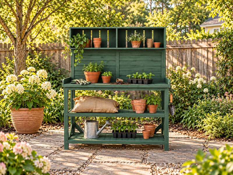 A forest-green potting bench holds seedlings, garden gloves and terracotta pots.