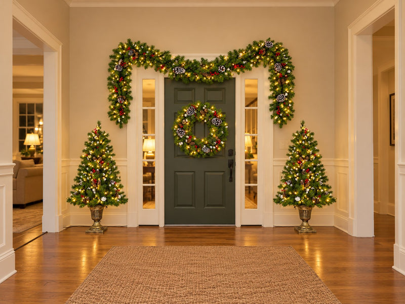 Two lit urn trees, a wreath and a garland decorate an indoor entry hall.