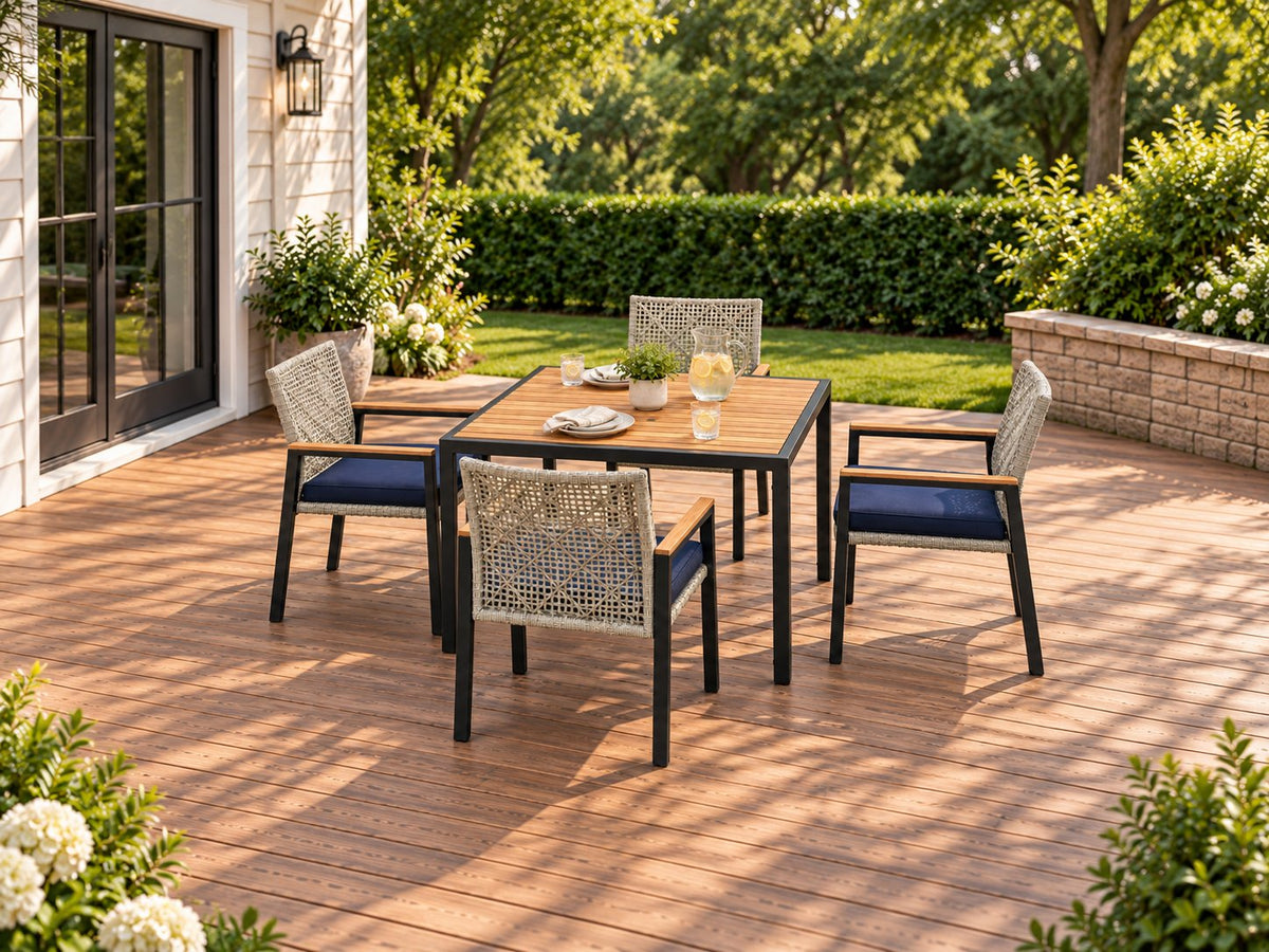 A square acacia dining table and four gray wicker chairs on a wooden deck.