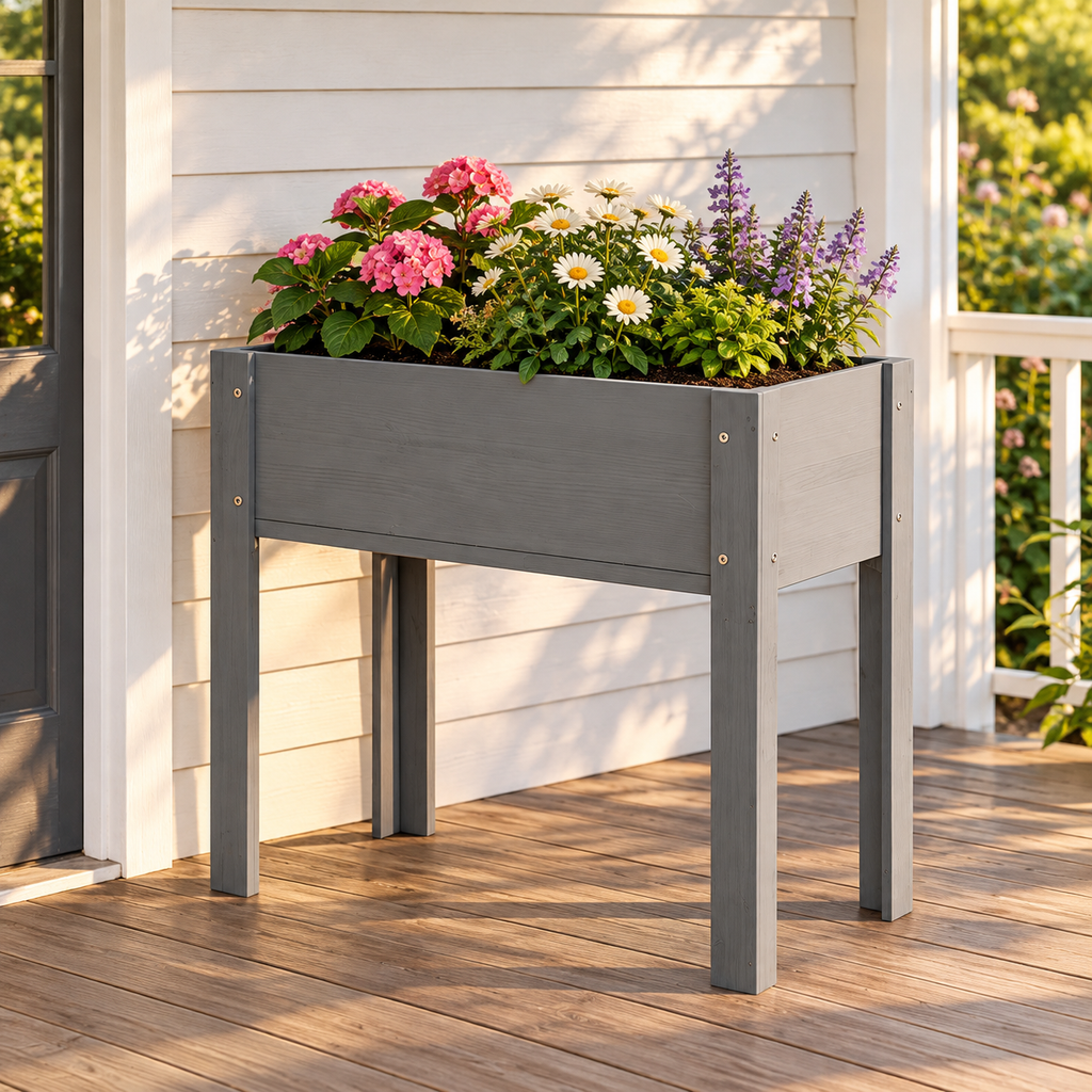 31-Inch Elevated Wood Planter Box with Legs, Gray, on a porch with flowers