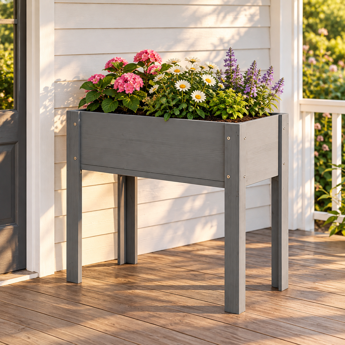 31-Inch Elevated Wood Planter Box with Legs, Gray, on a porch with flowers