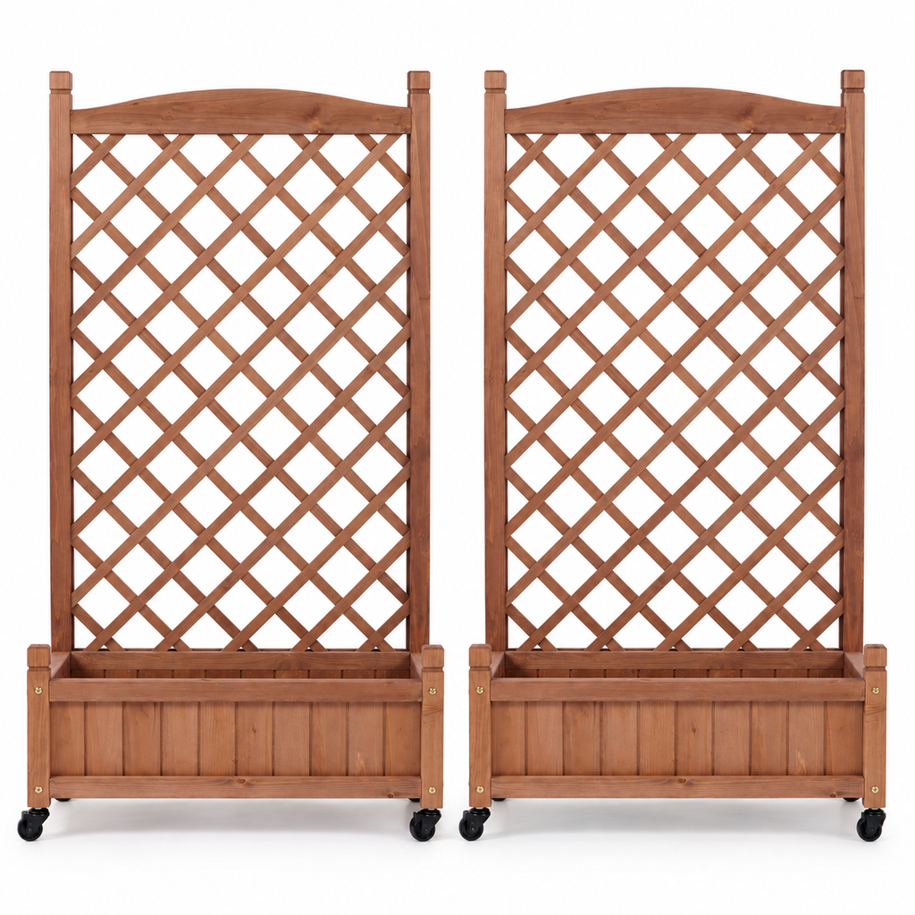 Wood Planter Boxes with Trellis and Wheels, Set of 2, front view on white