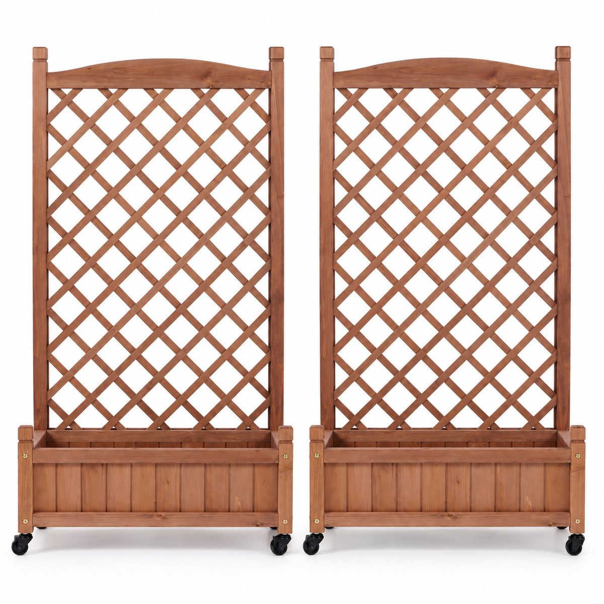 Wood Planter Boxes with Trellis and Wheels, Set of 2, front view on white