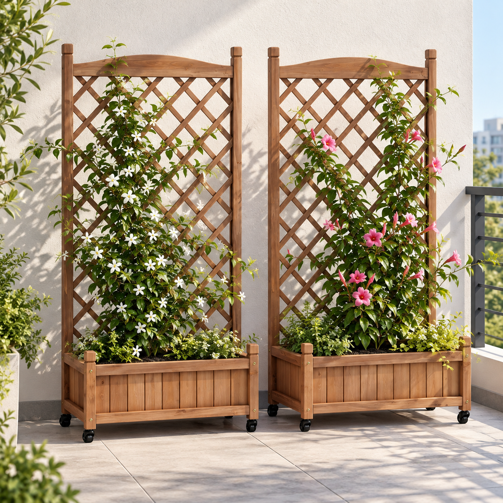 Wood Planter Boxes with Trellis and Wheels, Set of 2, on a balcony with greenery