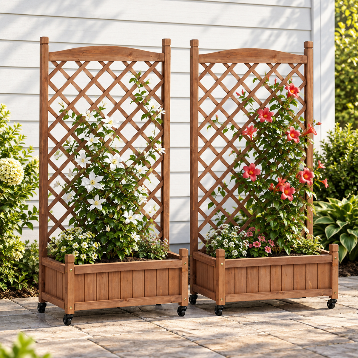 Wood Planter Boxes with Trellis and Wheels, Set of 2, on a patio with flowers