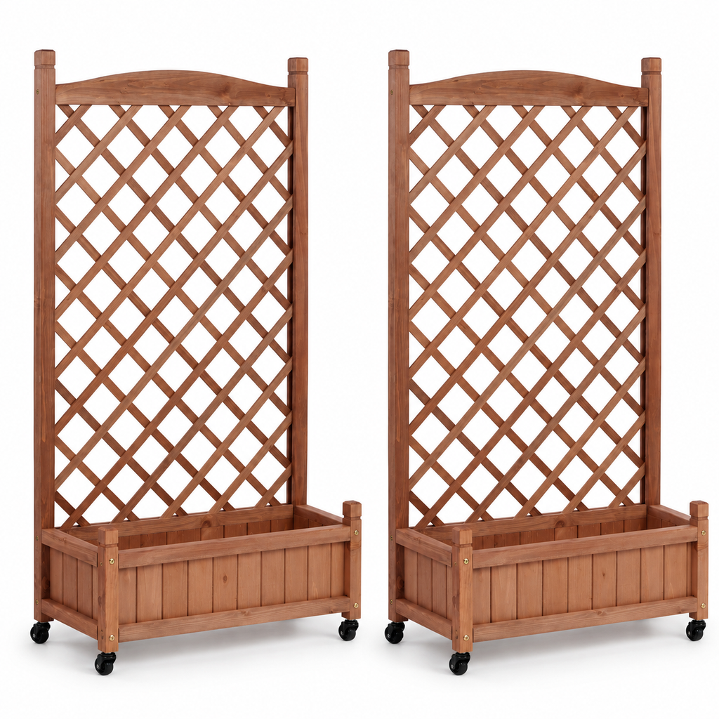 Wood Planter Boxes with Trellis and Wheels, Set of 2, left-front view on white