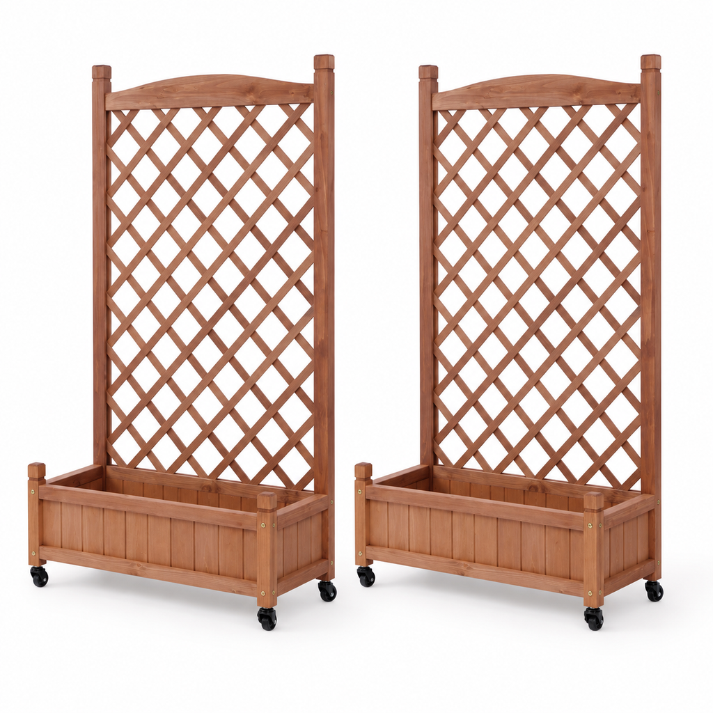Wood Planter Boxes with Trellis and Wheels, Set of 2, right-front view on white