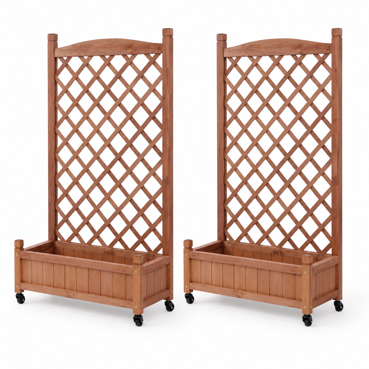 Wood Planter Boxes with Trellis and Wheels, Set of 2, right-front view on white