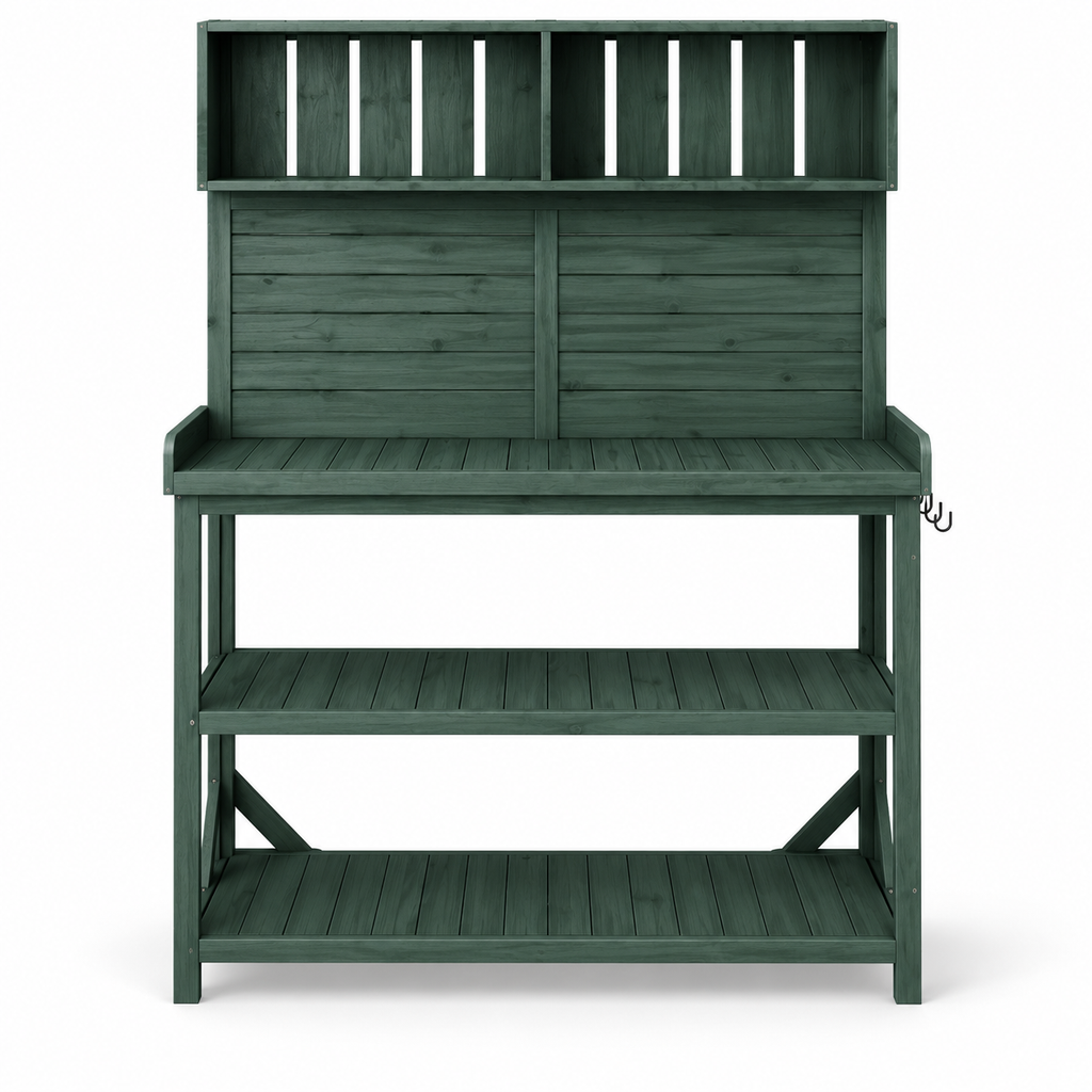 65-in. Wood Potting Bench with Shelves, Forest Green, front view on white