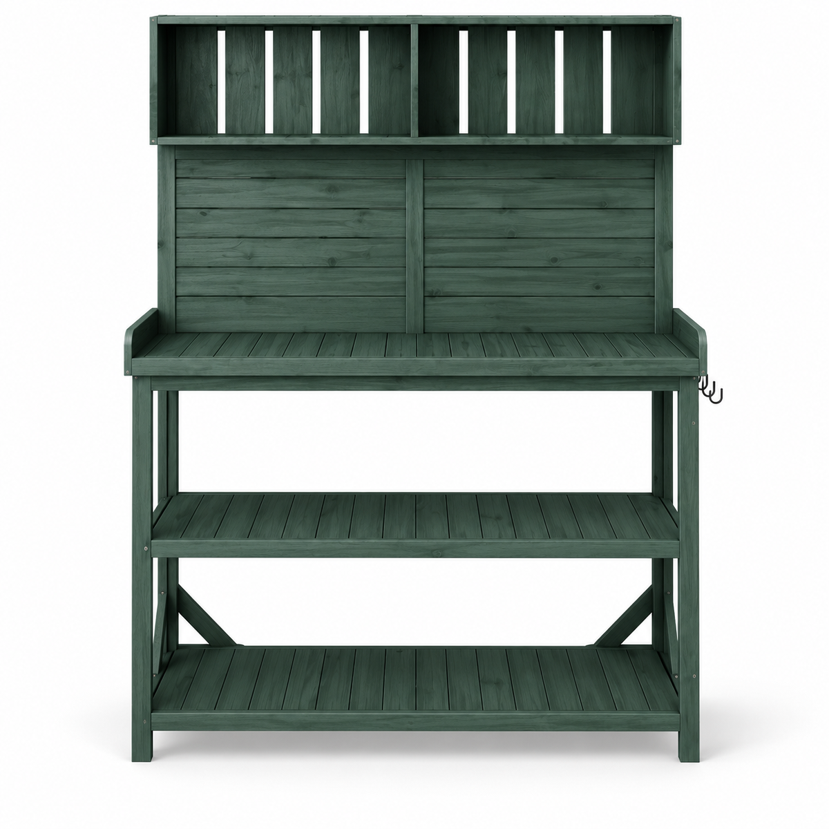 65-in. Wood Potting Bench with Shelves, Forest Green, front view on white