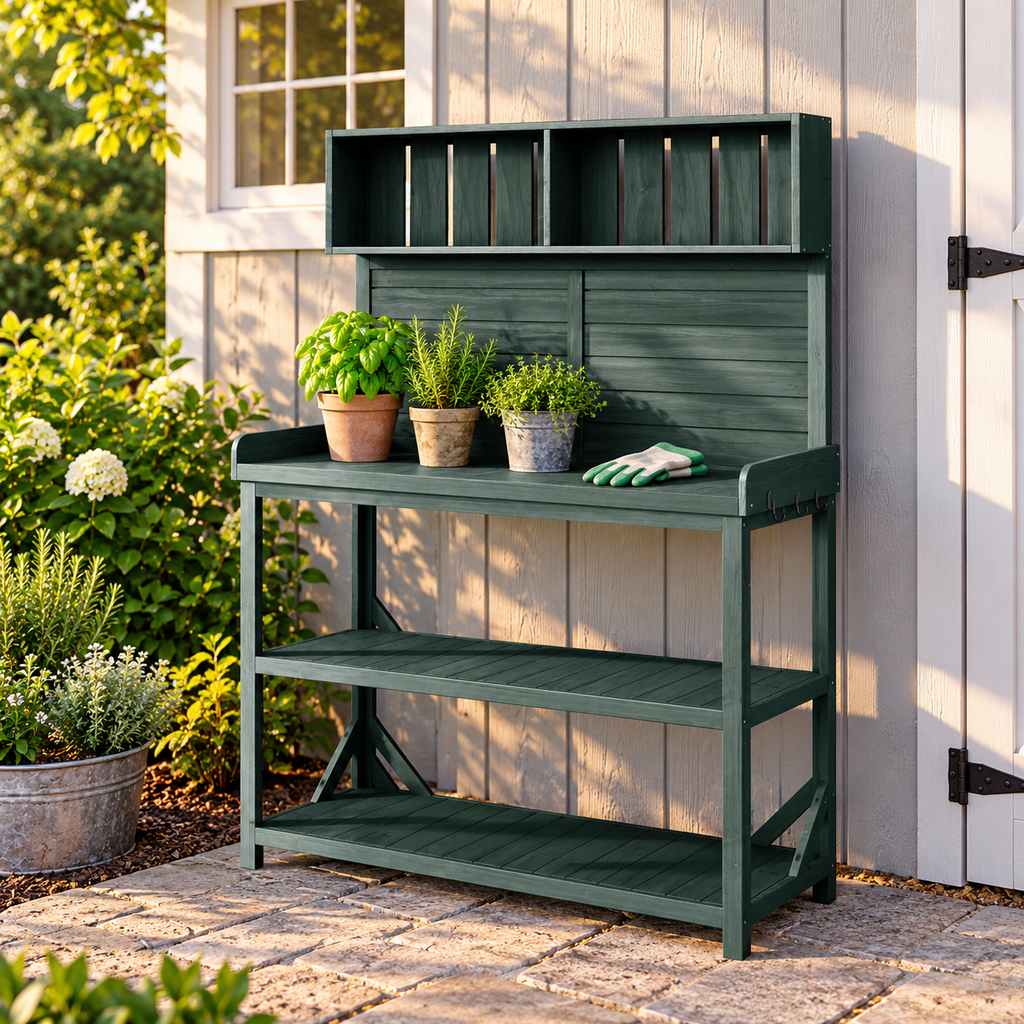 65-in. Wood Potting Bench with Shelves, Forest Green, beside a garden shed with herb pots