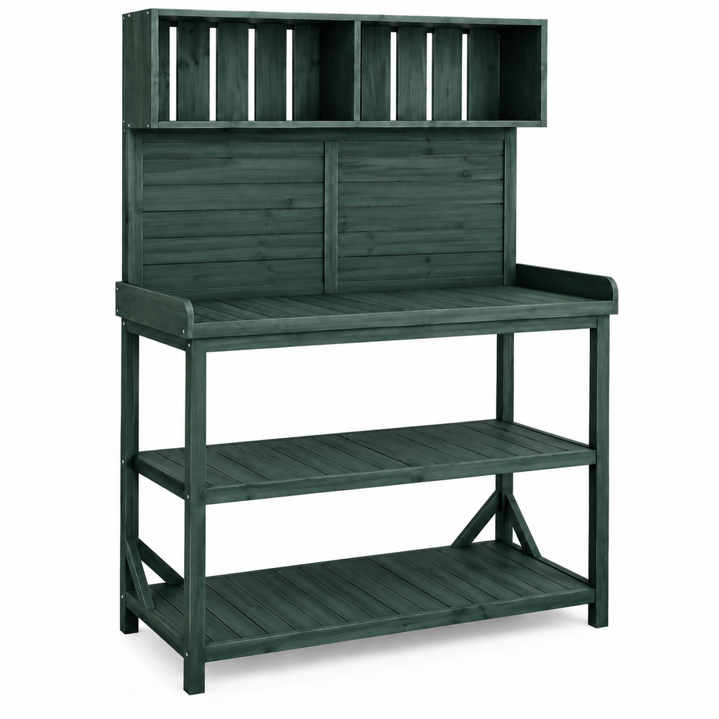 65-in. Wood Potting Bench with Shelves, Forest Green, left-front view on white