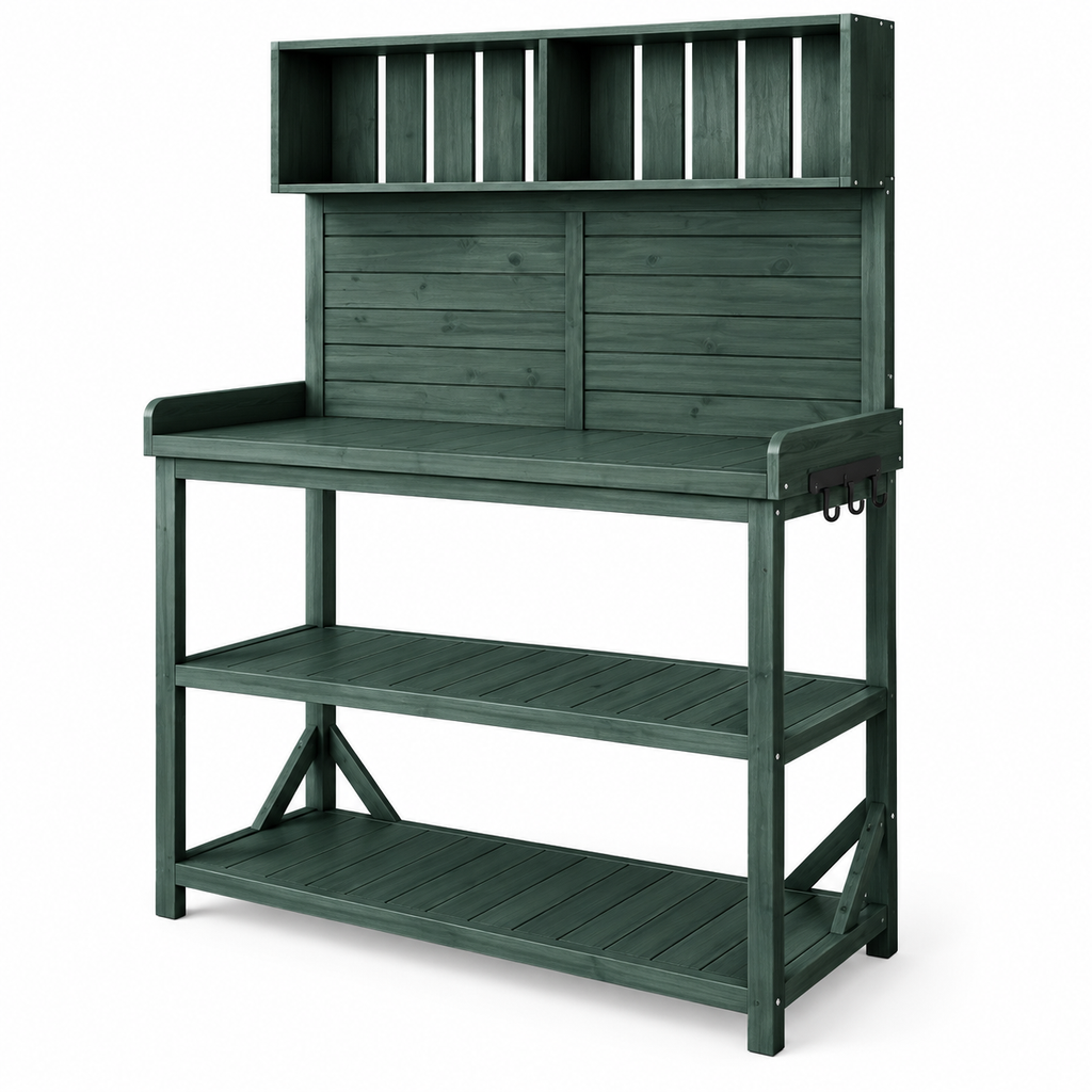 65-in. Wood Potting Bench with Shelves, Forest Green, right-front view on white