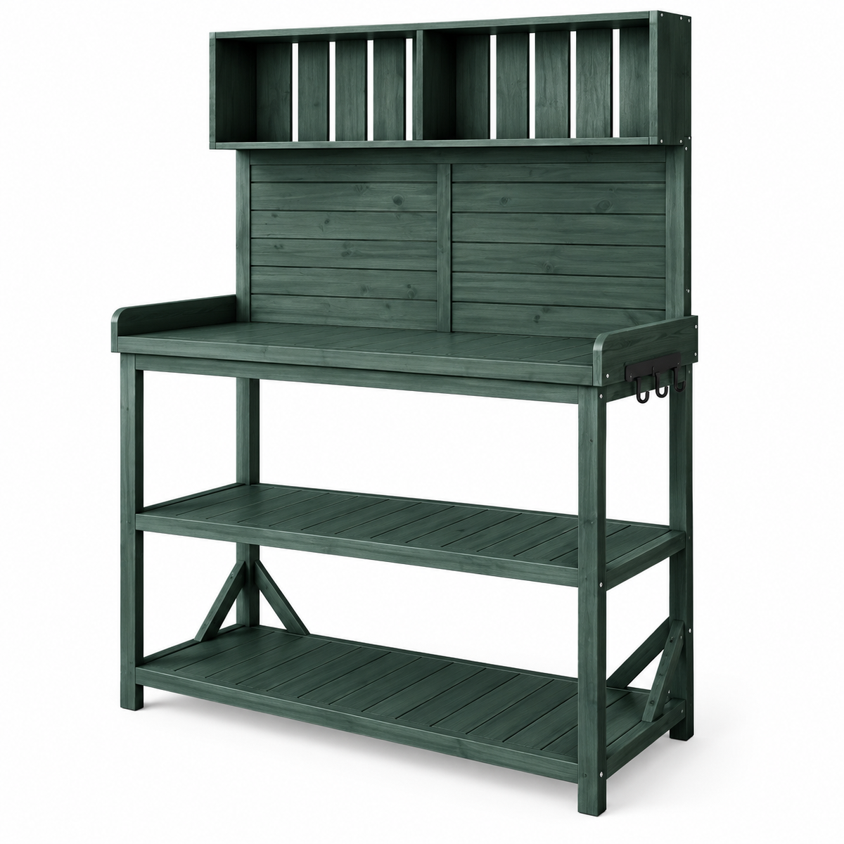 65-in. Wood Potting Bench with Shelves, Forest Green, right-front view on white