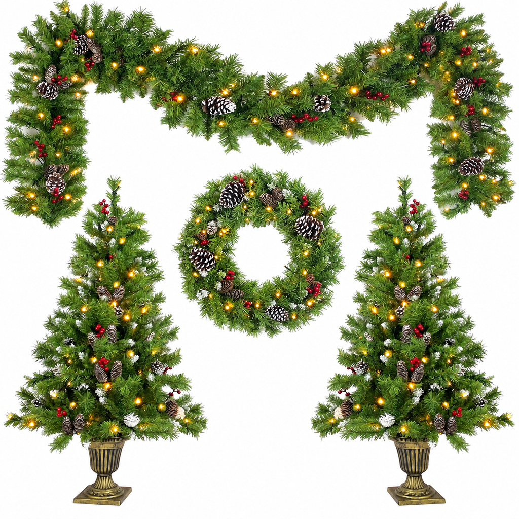4-Piece Pre-Lit Christmas Set with 4-Foot Trees, front view on white