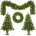 4-Piece Pre-Lit Christmas Set with 4-Foot Trees, front view on white