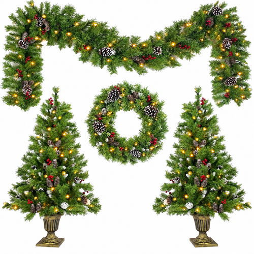 4-Piece Pre-Lit Christmas Set with 4-Foot Trees, front view on white