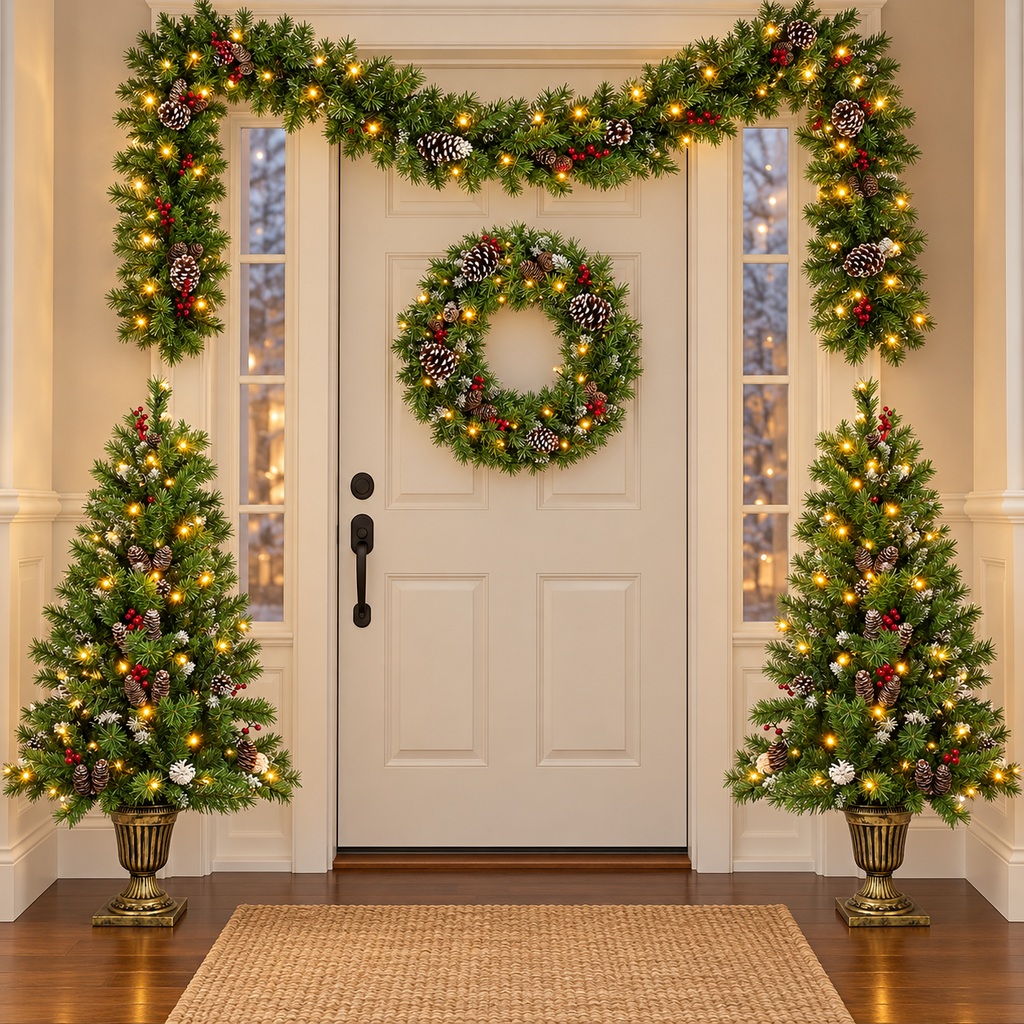 4-Piece Pre-Lit Christmas Set with 4-Foot Trees, around an indoor entry door