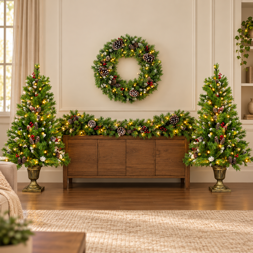 4-Piece Pre-Lit Christmas Set with 4-Foot Trees, in a living room around a console