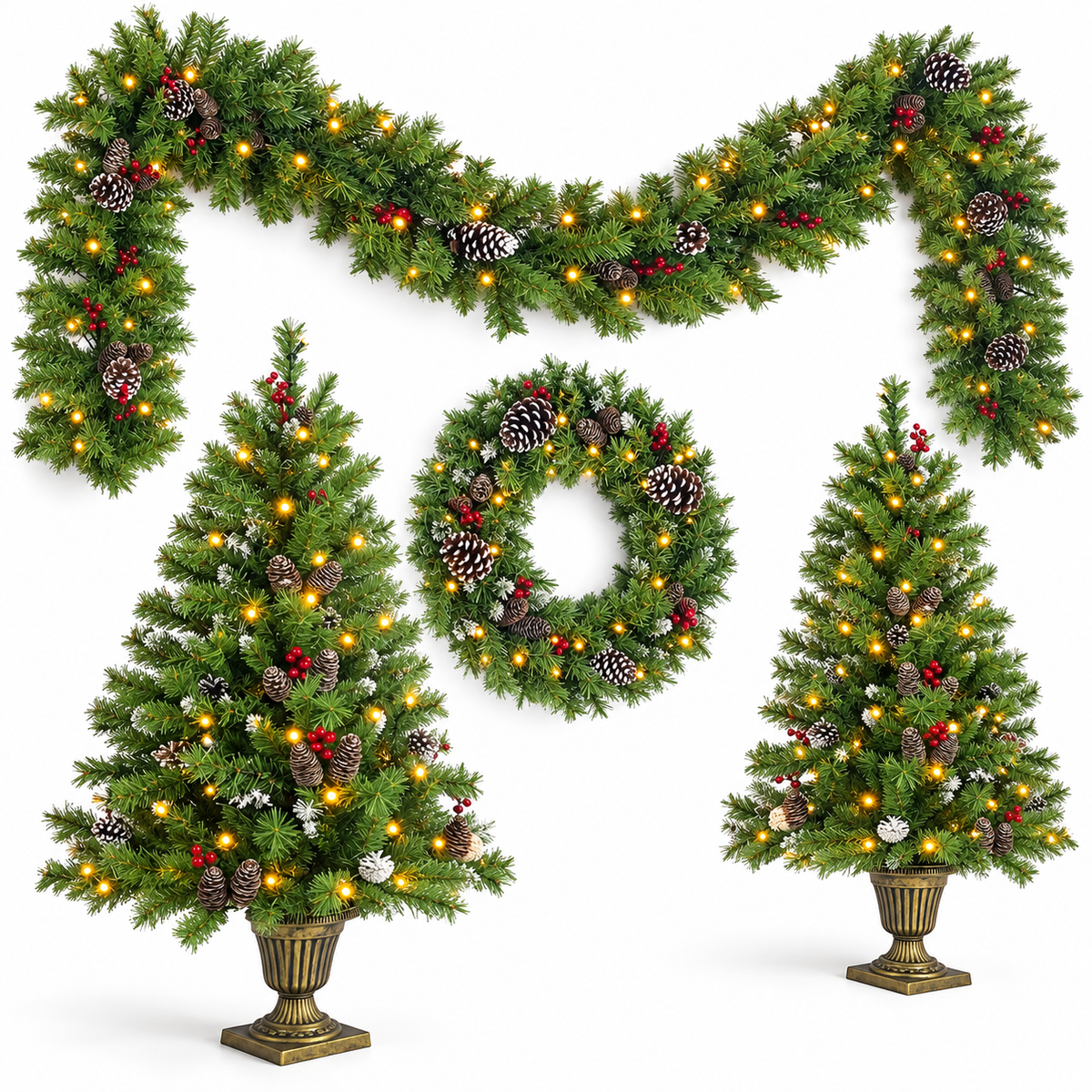 4-Piece Pre-Lit Christmas Set with 4-Foot Trees, left-front view on white
