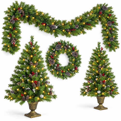 4-Piece Pre-Lit Christmas Set with 4-Foot Trees, left-front view on white