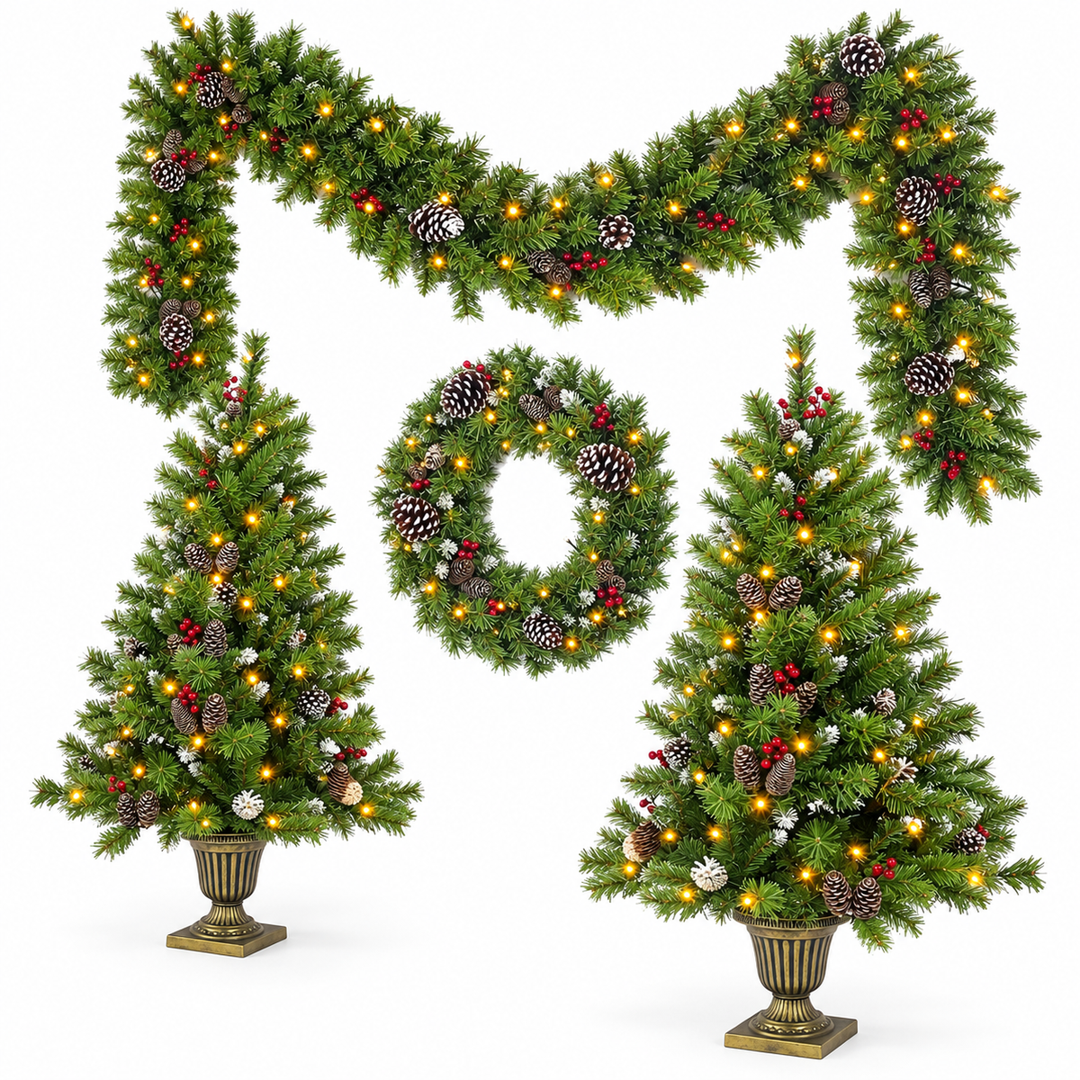 4-Piece Pre-Lit Christmas Set with 4-Foot Trees, right-front view on white