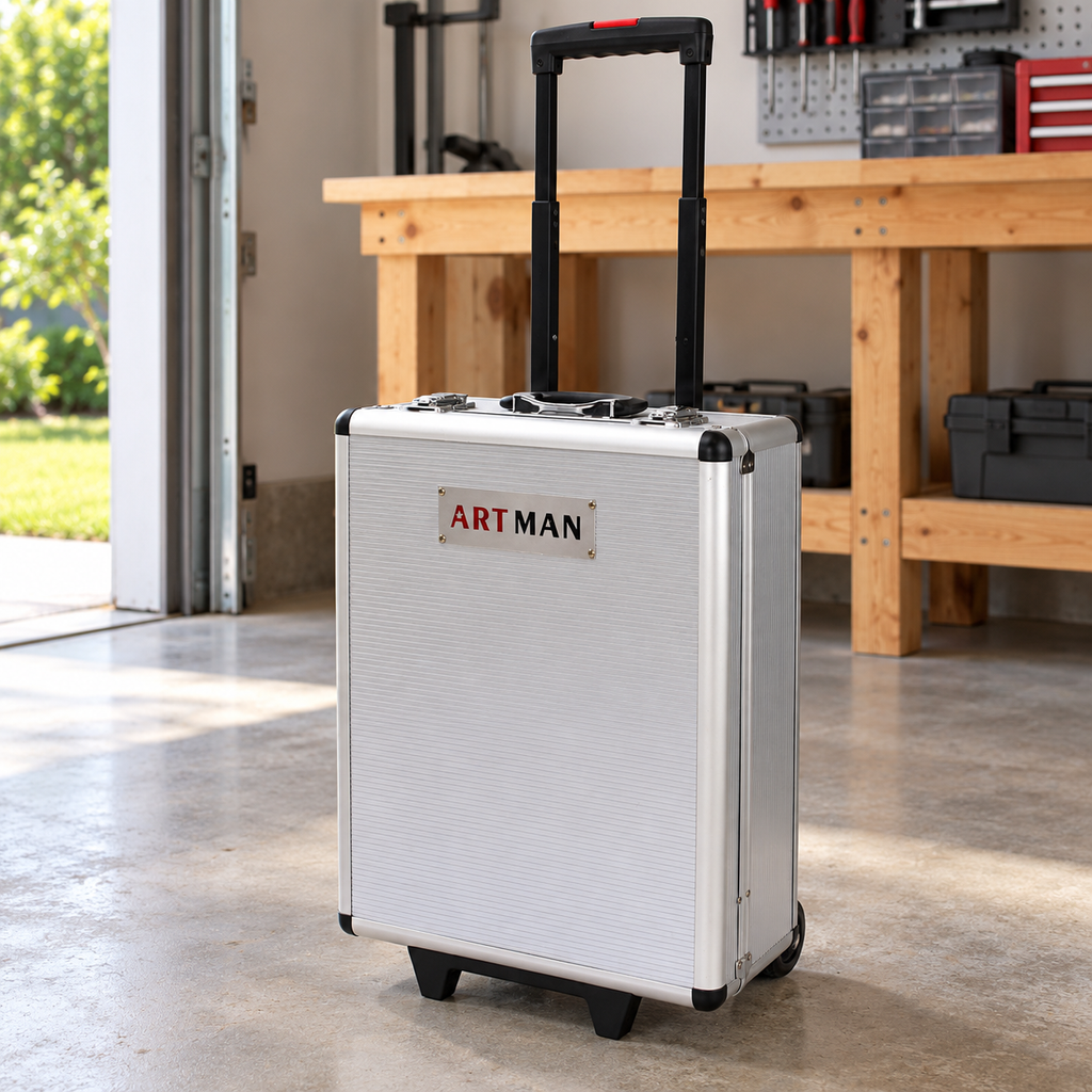 899-Piece Home Tool Kit with Rolling Silver Case, in a workshop