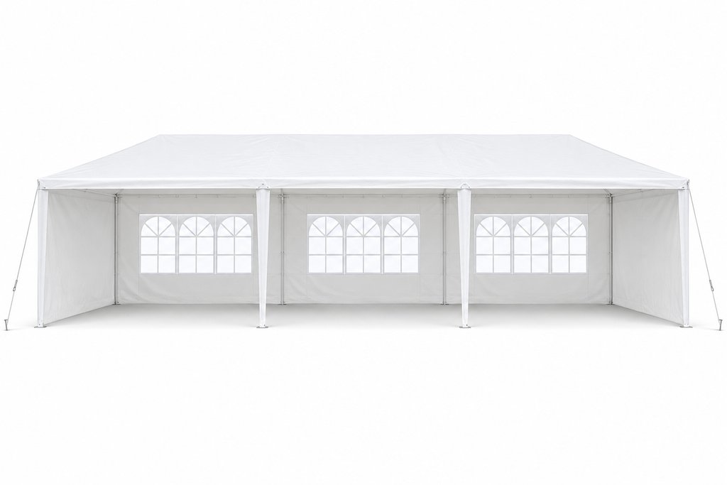 10 × 30-ft. Party Canopy with 5 Sidewalls, White, front view on white