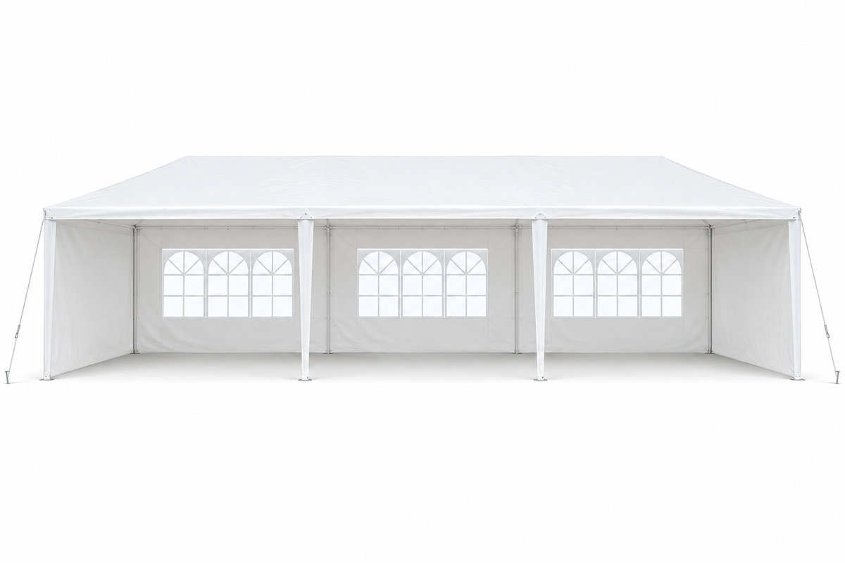 10 × 30-ft. Party Canopy with 5 Sidewalls, White, front view on white