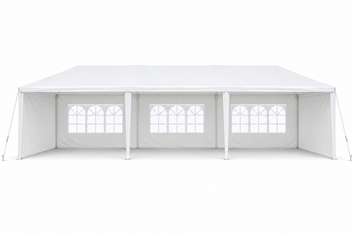 10 × 30-ft. Party Canopy with 5 Sidewalls, White, front view on white