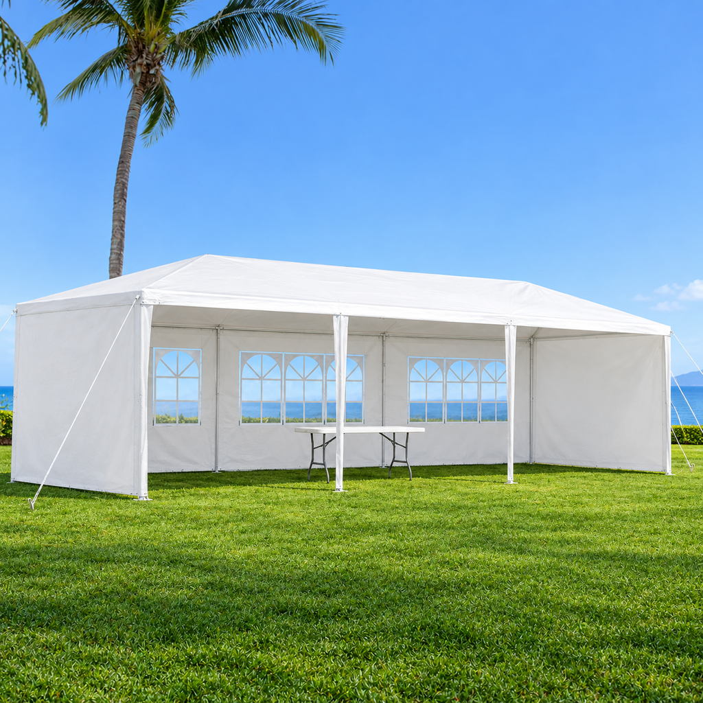 10 × 30-ft. Party Canopy with 5 Sidewalls, White, on an open lawn