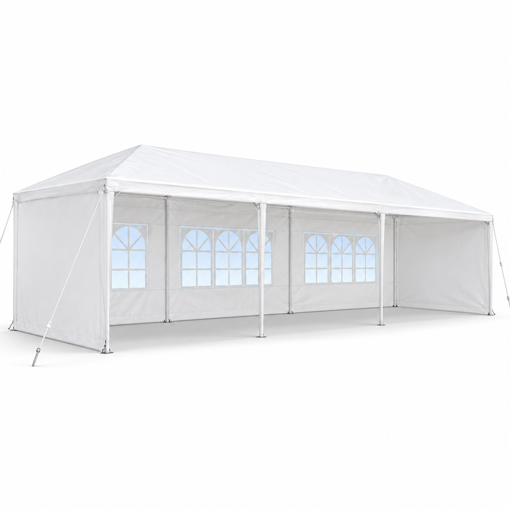 10 × 30-ft. Party Canopy with 5 Sidewalls, White, left-front view on white