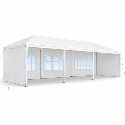 10 × 30-ft. Party Canopy with 5 Sidewalls, White, left-front view on white