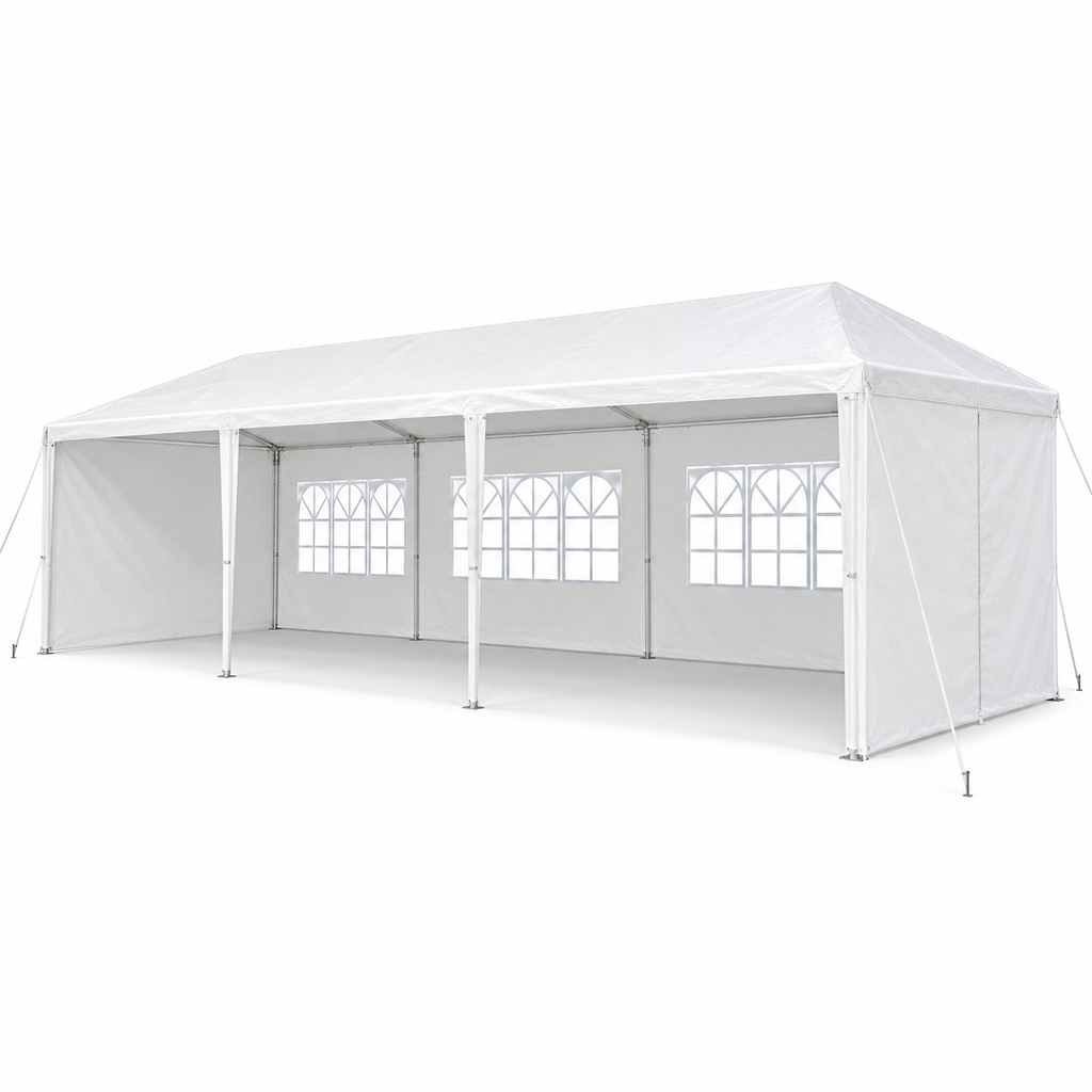 10 × 30-ft. Party Canopy with 5 Sidewalls, White, right-front view on white