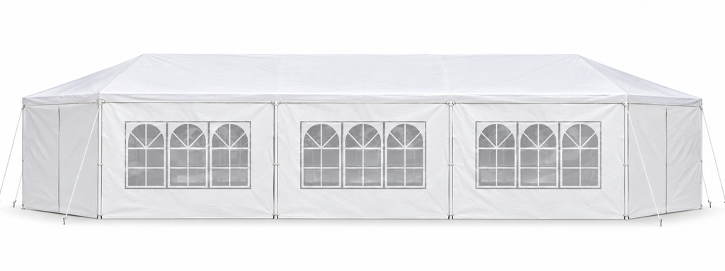 10 × 30-ft. Party Canopy with 8 Sidewalls, White, front view on white