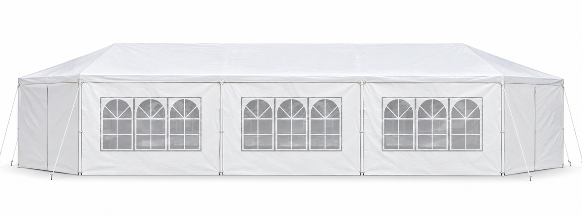 10 × 30-ft. Party Canopy with 8 Sidewalls, White, front view on white