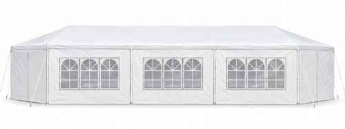 10 × 30-ft. Party Canopy with 8 Sidewalls, White, front view on white