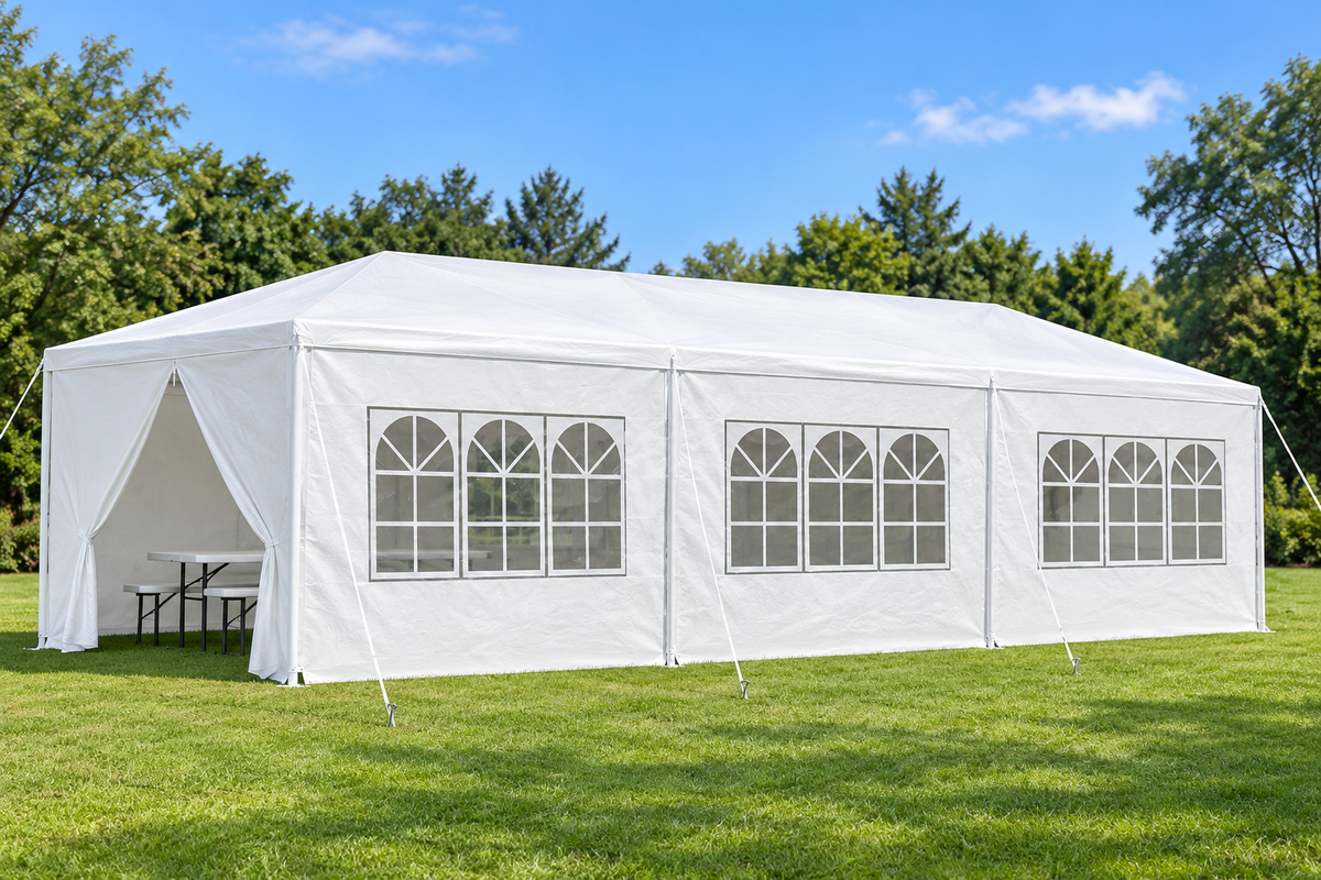 10 × 30-ft. Party Canopy with 8 Sidewalls, White, on an open lawn