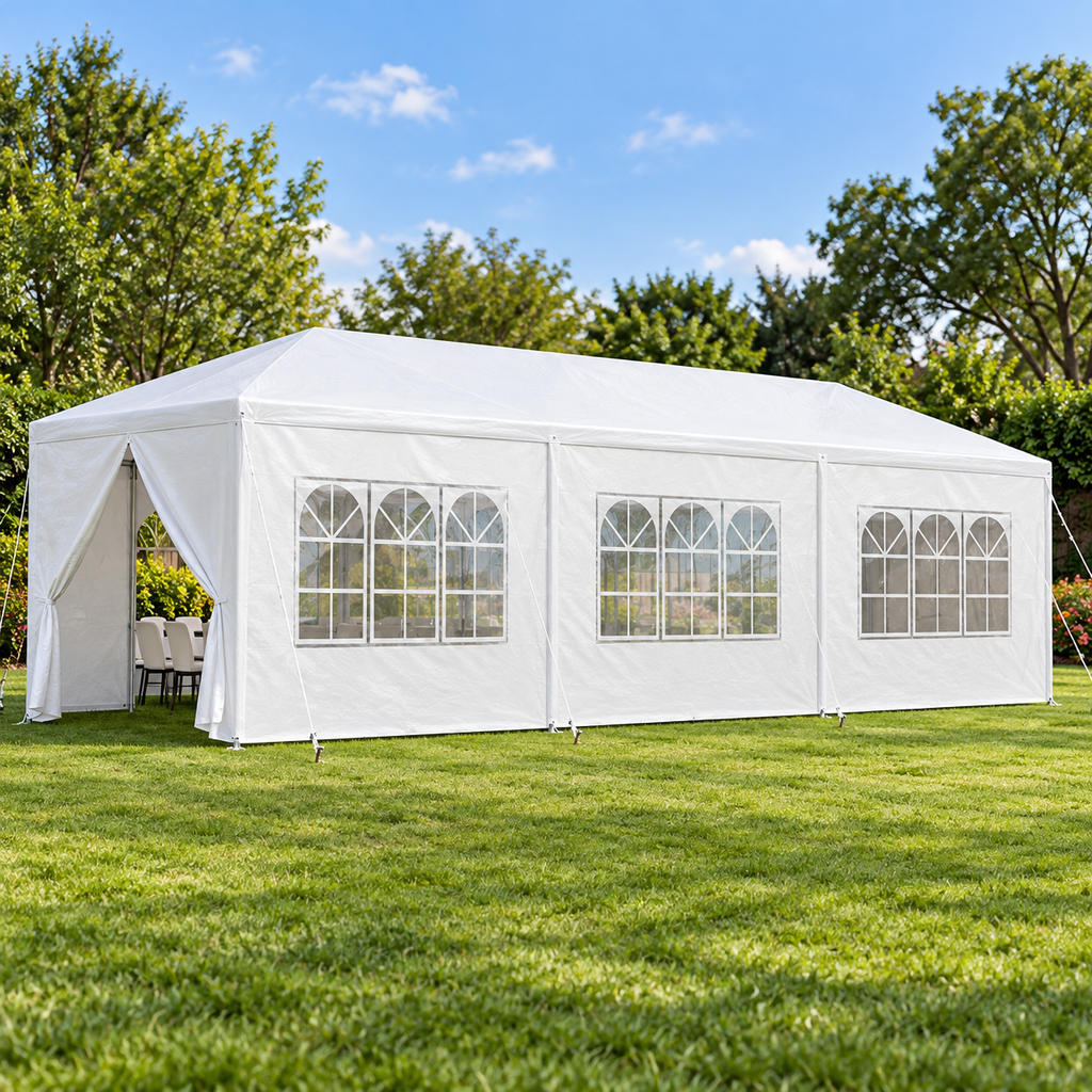 10 × 30-ft. Party Canopy with 8 Sidewalls, White, on a garden lawn with chairs inside