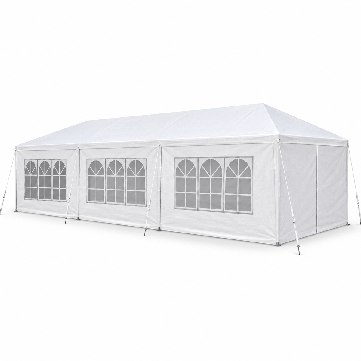 10 × 30-ft. Party Canopy with 8 Sidewalls, White, right-front view on white