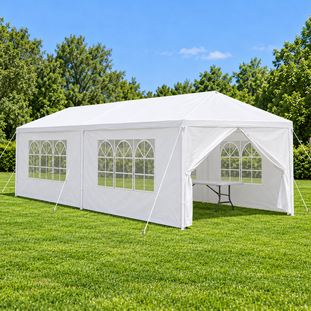 10 × 20-ft. Party Canopy with 6 Sidewalls, White, on an open lawn