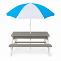 3-in-1 Kids Wood Picnic Table with Umbrella, Gray and White, front view on white