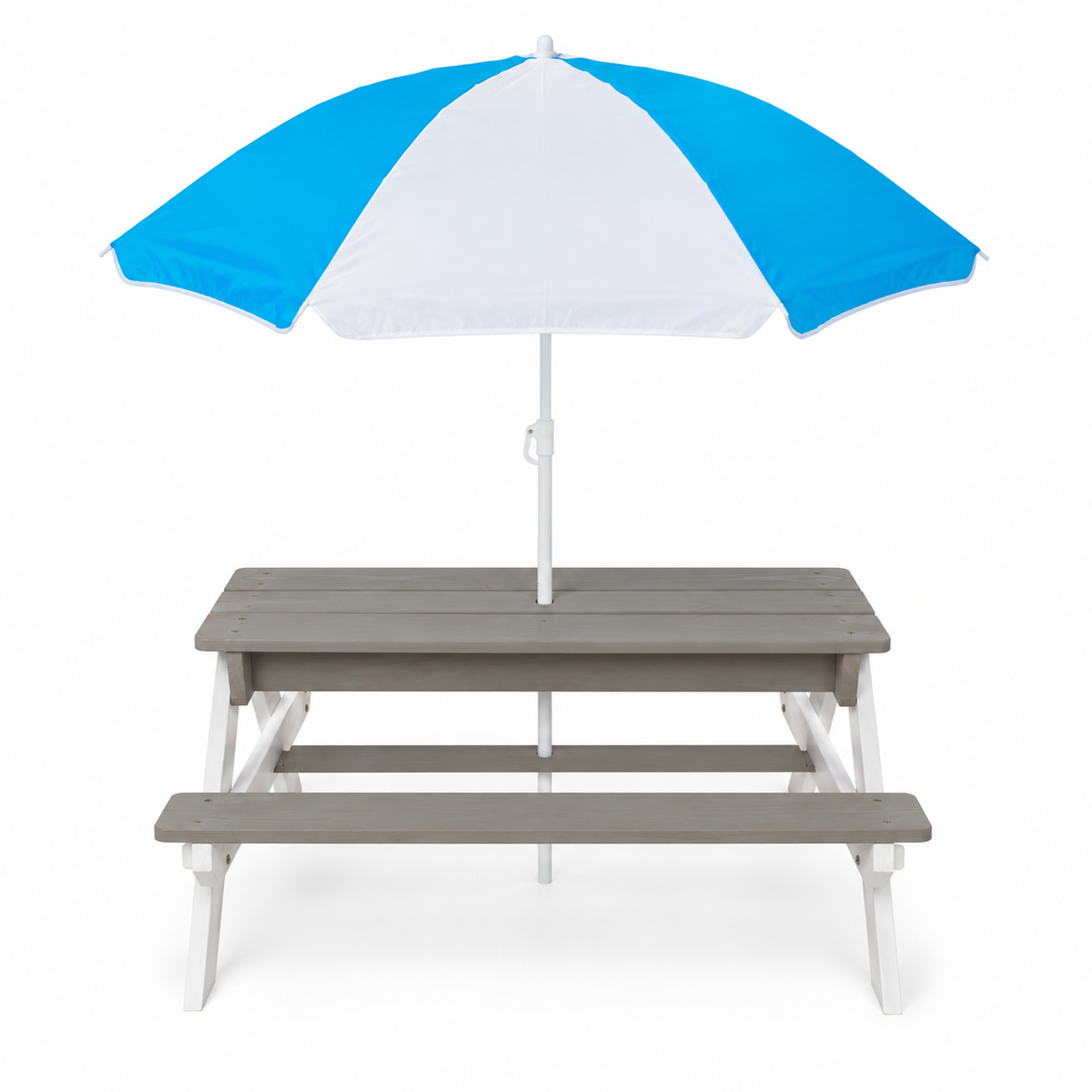 3-in-1 Kids Wood Picnic Table with Umbrella, Gray and White, front view on white