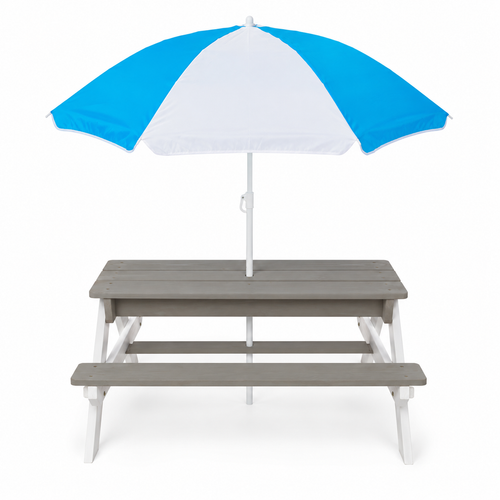 3-in-1 Kids Wood Picnic Table with Umbrella, Gray and White, front view on white