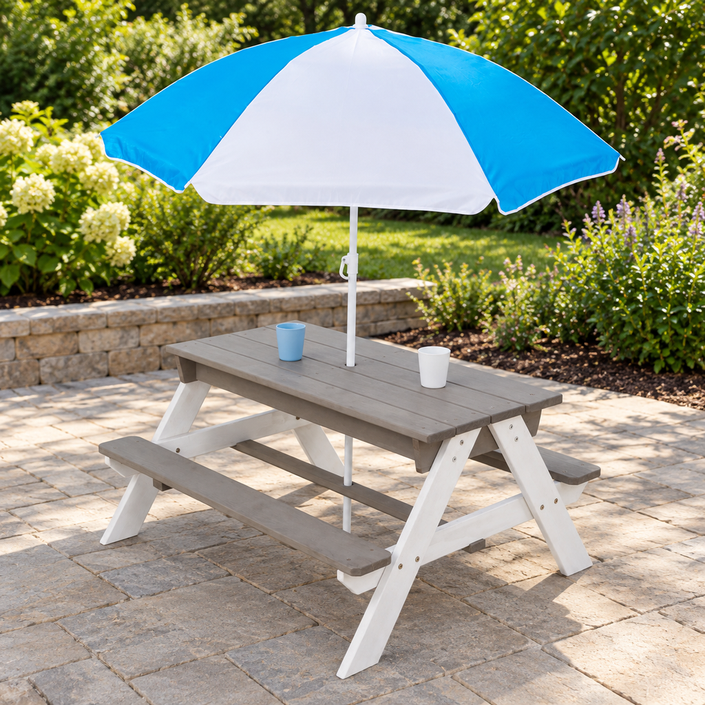 3-in-1 Kids Wood Picnic Table with Umbrella, Gray and White, on a patio with tabletop covers installed